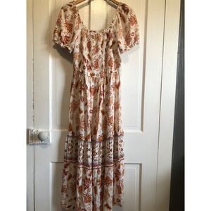 Zesica Floral Paisly Smock Maxi Dress cream Yellow Indie Boho Tier cottage L NEW